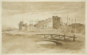 इमारत के दौरान न्यू गॉल, हार्फोर्ड ब्रिज से देखा गया, c.1820 (कागज पर पेंसिल और वॉटरकलर)