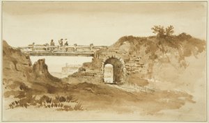 न्यू गाओल के सामने कोरोनेशन रोड पर अस्थायी पुल, c.1821 (कागज पर पेंसिल और सीपिया वॉश)