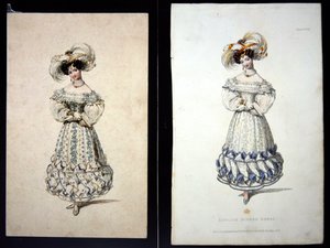 एक फैशन प्लेट का स्केच और प्रिंट, c.1829 (कागज पर पेंसिल और वॉटरकलर और हाथ से रंगी हुई नक्काशी)