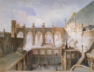 सेंट स्टीफंस चैपल, पैलेस ऑफ वेस्टमिंस्टर, लंदन, 1834 के विनाश का दृश्य