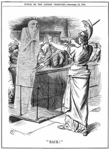 ब्रिटानिया ब्रिटिश बंदरगाहों पर हैजा को रोक रहा है। 1892 के प्रकोप में रूस में लगभग 260,000 और हैम्बर्ग में 7,600 लोग मारे गए। ब्रिटेन में इस महामारी को रोका गया था। पंच लंदन से जॉन टेनियल कार्टून 10 सितंबर 1892। द्वारा जॉन टेनिएल
