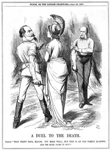 फ्रेंको-प्रुशियन युद्ध 1870-1871: ब्रिटानिया ने नेपोलियन III को जर्मनी के साथ युद्ध शुरू करने से रोकने की कोशिश की। फ्रांसीसी घोषणा बर्लिन को दी गई 19 जुलाई, उद्घोषणा 23 जुलाई। पंच, लंदन से जॉन टेनियल कार्टून, 23 जुलाई 1870। उत्कीर्णन द्वारा जॉन टेनिएल