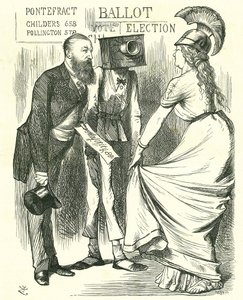 ह्यूग चाइल्डर्स (1827-1896) ब्रिटिश सांसद, ब्रिटानिया को नए बैलेट बॉक्स की सफलता के बारे में बताते हुए। जॉन टेनियल कार्टून 'पंच', लंदन से, 24 अगस्त 1872। द्वारा जॉन टेनिएल
