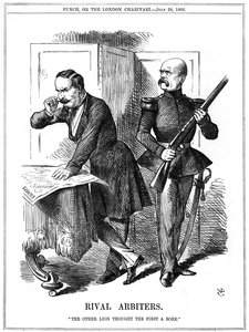 नेपोलियन III (1808-1873), फ्रांस के सम्राट 1852-1870, और ओटो वॉन बिस्मार्क (1808-1783), प्रशिया के चांसलर, यूरोप को तराश रहे थे। उनकी परस्पर विरोधी महत्वाकांक्षाओं के कारण 1870-1871 का फ्रेंको-प्रशिया युद्ध हुआ। पंच, लंदन से जॉन टेनियल कार्टून, 28 जुलाई 18 द्वारा जॉन टेनिएल