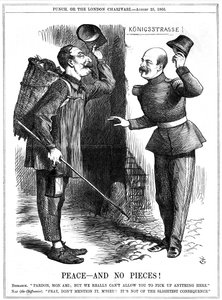 नेपोलियन III, फ्रांसीसी सम्राट 1852-1870, एक कूड़ा बीनने वाले (शिफ़ोनियर) के रूप में तैयार किया गया था, जिसे प्रशिया के चांसलर ओटो वॉन बिस्मार्क ने चेतावनी दी थी। नेपोलियन की क्षेत्रीय महत्वाकांक्षाओं के कारण 1870-71 का फ्रेंको-प्रशिया युद्ध हुआ। पंच, लंदन द्वारा जॉन टेनिएल
