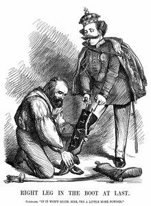 इटली का एकीकरण: ज्यूसेप गैरीबाल्डी (1807-1882) ने विक्टर इमैनुएल II (1820-78) को इटली के बूट पर रखने में मदद की। पंच, लंदन से जॉन टेनियल कार्टून द्वारा जॉन टेनिएल