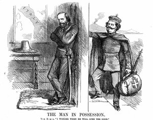 इटली का एकीकरण: विक्टर इमैनुएल II (1820-1878), फरवरी 1861 से इटली के पहले राजा, नेपल्स के दरवाजे पर दस्तक दी, जिसे गैरीबाल्डी (1807-1882) ने अपनी लाल शर्ट के साथ इटली के नए साम्राज्य की ओर से जीत लिया। पंकू से जॉन टेनियल कार्टून द्वारा जॉन टेनिएल