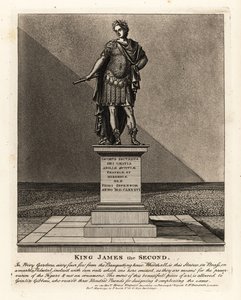 प्रिवी गार्डन में ग्रिनलिन गिबन्स द्वारा डिजाइन किए गए रोमन सम्राट, जैकबस सेंडस के रूप में इंग्लैंड के राजा जेम्स द्वितीय की मूर्ति