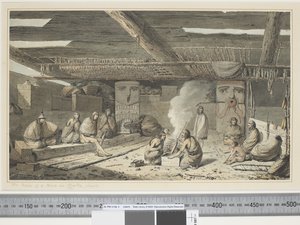F.24 Nootka साउंड में एक घर के अंदर, c.1773-84 (पानी के रंग) द्वारा जॉन वेबर
