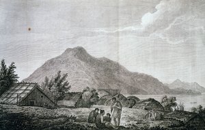 जेम्स कुक (1776-1779) की अंतिम यात्रा के खाते से जॉन वेबर (1750-1793) द्वारा ड्राइंग के आधार पर, मोटुआरा द्वीप पर हिप्पा के अंदर। एनग्रेविंग द्वारा जॉन वेबर