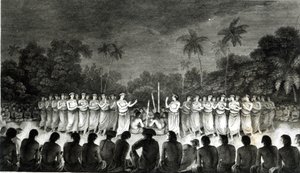 कैप्टन जेम्स कुक (1728-79) 1777 के &39;तीसरे यात्रा एटलस&39; से हापी में मैत्रीपूर्ण द्वीप नृत्य के मूल निवासी द्वारा जॉन वेबर