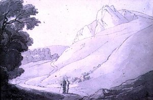 दो आंकड़े (कलम, स्याही और जल रंग) के साथ एक पहाड़ी परिदृश्य