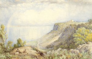 इंद्रधनुष, 1873 वाटर कलर, ग्रेफाइट और पेपर पर गॉच के स्पर्श के साथ पालिसैड्स, न्यूयॉर्क से हडसन नदी का दृश्य, कार्ड पर रखी गई