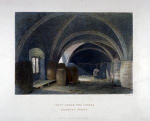 1851 में लंदन के लैम्बेथ पैलेस में चैपल के नीचे बैरल से भरा क्रिप्ट। द्वारा जॉन व्येकहम आर्चर