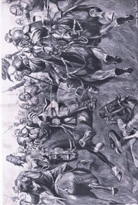 मारस्टन मूर, 2 जुलाई 1644: लेस्ली के तहत स्कॉटिश घुड़सवार सेना, राजकुमार रॉपरट्स फ्लैंक पर हमला करते हुए, लैंड और सी, 1915 पर ब्रिटिश लड़ाईयों का चित्रण द्वारा जॉन डी वाल्टन