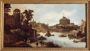 रोम में Tiber (Tevere) और Castel Sant'Angelo (Castel Sant'Angelo) का दृश्य दाईं ओर स्टिल्ट पर एक घर। जोस मोम्पर II (1564-1635) द्वारा 17 वीं शताब्दी की पेंटिंग चालोंस सुर मार्ने, नगरपालिका संग्रहालय