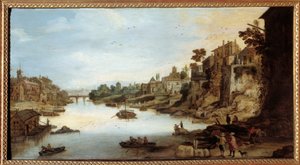 रोम में Tiber (Tevere) का दृश्य बाईं ओर स्टिल्ट पर एक घर। जोस मोम्पर II द्वारा चित्रकारी (1564-1635)