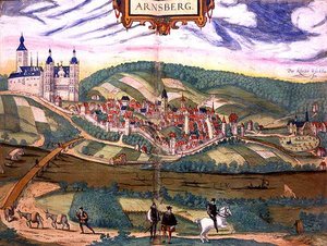 जॉर्ज ब्रौन (1541-1622) और फ्रैंस होगेनबर्ग (1535-90) c.1572-1617 (रंगीन उत्कीर्णन) द्वारा अर्न्सबर्ग का नक्शा, फॉर्म 'सिविटेट्स ऑर्बिस टेरारम' द्वारा जोरिस (बाद) होफनेगल