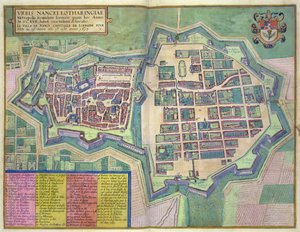 जॉर्ज ब्रौन (1541-1622) और फ्रैंस होगेनबर्ग (1535-90) c.1572-1617 (रंगीन उत्कीर्णन) द्वारा 'सिविटेट्स ऑर्बिस टेरारम' से नैन्सी का नक्शा