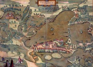 जॉर्ज ब्राउन (1541-1622) और फ्रैंस होगेनबर्ग (1535-90) 1593 (रंगीन उत्कीर्णन) द्वारा 'सिविटेट्स ऑर्बिस टेरारम' से प्लॉन का नक्शा