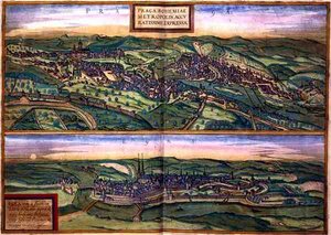 जॉर्ज ब्राउन (1541-1622) और फ्रैंस होगेनबर्ग (1535-90), c.1572 (रंगीन उत्कीर्णन) द्वारा 'सिविटेट्स ऑर्बिस टेरारम' से प्राग और अंडे का नक्शा द्वारा जोरिस (बाद) होफनेगल