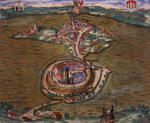 जॉर्ज ब्रौन (1541-1622) और फ्रैंस होगेनबर्ग (1535-90) 1588 (रंगीन उत्कीर्णन) द्वारा 'सिविटेट्स ऑर्बिस टेरारम' से रत्ज़बर्ग का नक्शा द्वारा जोरिस (बाद) होफनेगल