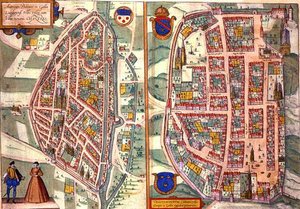 जॉर्ज ब्रौन (1541-1622) और फ्रैंस होगेनबर्ग (1535-90) c.1572-1617 (रंगीन उत्कीर्णन) द्वारा 'सिविटेट्स ऑर्बिस टेरारम' से चार्टर्स और डुनोइस के मानचित्र द्वारा जोरिस (बाद) होफनेगल