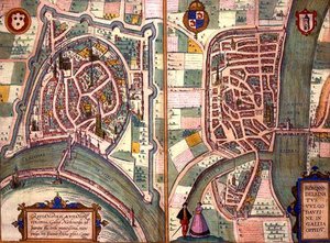 जॉर्ज ब्रौन (1541-1622) और फ्रैंस होगेनबर्ग (1535-90) c.1572-1617 (रंगीन उत्कीर्णन) द्वारा 'सिविटेट्स ऑर्बिस टेरारम' से ग्रेनोबल और रोमन-सुर-इसेरे के मानचित्र (रंगीन उत्कीर्णन) द्वारा जोरिस (बाद) होफनेगल