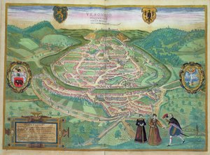 जॉर्ज ब्रौन (1541-1622) और फ्रैंस होजेनबर्ग (1535-90), 1575 (रंग उत्कीर्णन) द्वारा &39;सेविट्स ऑरबिस टेरारम&39; से बेसनकॉन का मानचित्र