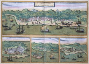 जॉर्ज ब्रौन (1541-1622) और फ्रैंस होजनबर्ग (1535-90),&39;.1572 &39;द्वारा&39; कालीकट्स ऑर्बिस टेरारम &39;से कालीकट का मानचित्र