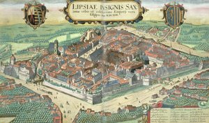 जॉर्ज ब्रौन (1541-1622) और फ्रैंस होजेनबर्ग (1535-90) द्वारा &39;Civitates Orbis Terrarum&39; से लीपज़िग का मानचित्र, c.1572 (रंग उत्कीर्णन)