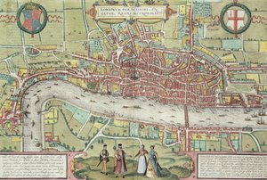 जॉर्ज ब्रौन (1542-1622) और फ्रैंस होजेनबर्ग (1635-90) द्वारा &39;Civitates Orbis Terrarum&39; से लंदन का मानचित्र, c.1572 (51896 और 58543 देखें)