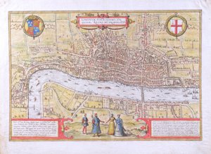 जॉर्ज ब्रौन (1542-1622) और फ्रैंस होजेनबर्ग (1635-90) द्वारा Civitates Orbis Terrarum से लंदन का मानचित्र, c.1572 (51896 और 58543 देखें) द्वारा जोरिस हॉफनागल
