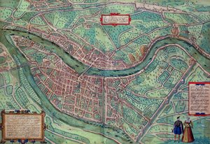 जॉर्ज ब्रौन (1541-1622) और फ्रैंस होजेनबर्ग (1535-90) द्वारा &39;Civitates Orbis Terrarum&39; से ल्योन का मानचित्र, c.1572 (रंग उत्कीर्णन)
