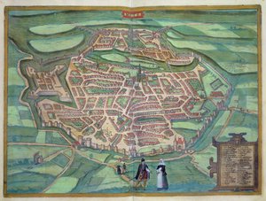 जॉर्ज ब्रौन (1541-1622) और फ्रांसेस होजेनबर्ग (1535-90) द्वारा &39;Civitates Orbis Terrarum&39; से Metz का मानचित्र, c.1572 (रंग उत्कीर्णन)