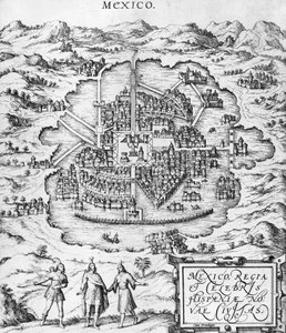 मेक्सिको का मानचित्र, जॉर्ज ब्रौन (1541-1622) और फ्रैंस होजेनबर्ग (1535-90) c.1572 द्वारा &39;Civitates Orbis Terrarum&39; से चित्रण