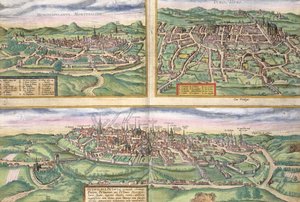 जॉर्ज ब्रौन (1541-1622) और फ्रैंस होजेनबर्ग (1535-90),&39;.1572 &39;द्वारा मॉन्टपेलियर, टूर्स, और पोइटियर्स का मानचित्र
