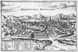 मॉन्टपेलियर का नक्शा, जॉर्ज ब्रौन (1541-1622) और फ्रैंस होजेनबर्ग (1535-90) ब्रुसेल्स, 1574 (121038 को भी देखें) द्वारा &39;Civitates Orbis Terrarum&39; से