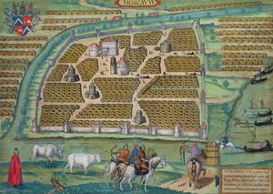 मॉस्को का नक्शा, जॉर्ज ब्रौन (1541-1622) और फ्रैंस होजेनबर्ग (1535-90) द्वारा Civitates Orbis Terrarum से, c.1572 (रंगीन उत्कीर्णन)