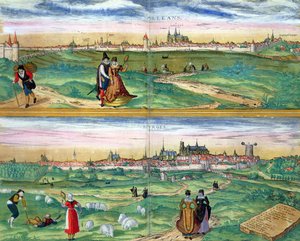 जॉर्ज ब्रौन (1541-1622) और फ्रैंस होजेनबर्ग (1535-90),&39;.1572 &39;द्वारा&39; सेविट्स ऑरबिस टेरारम &39;से ऑरलियन्स और बोर्जेस का मानचित्र