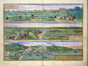 जॉर्ज ब्रौन (1541-1622) और फ्रैंस होजेनबर्ग (1535-90) द्वारा &39;सेविट्स ऑरबिस टेरारम&39; से सेविले, काडिज़ और मलागा का मानचित्र