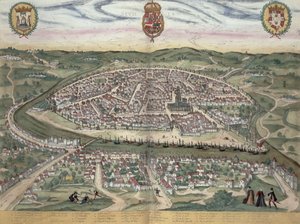 जॉर्ज ब्रौन (1541-1622) और फ्रैंस होजेनबर्ग (1535-90) c.1572-1617 द्वारा &39;सेविट्स ऑरबिस टेरारम&39; से सेविले का मानचित्र