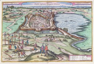 ओटोमन की घेराबंदी के समय का पापा का किला, जॉर्ज ब्रौन (1541-1622) द्वारा &39;ले थिएटर डु मोंडे&39; से कोलोन 1572-1618, 1617 में प्रकाशित द्वारा जोरिस हॉफनागल