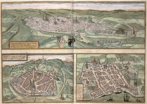 जार्ज ब्रौन (1541-1622) और फ्रैंस होजेनबर्ग (1535-90),&39;.1572 &39;से&39; सेविनेट्स ऑर्बिस टेरारम &39;के रूयन, निम्स और बोर्डो के टाउन प्लान द्वारा जोरिस हॉफनागल