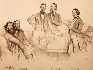 विनीज़ संगीतकारों और संगीतकार का समूह चित्र: फ्रांज वॉन सप्पे', कार्ल बाइंडर, एंटोन स्टॉर्च, हेनरिक प्रोच और एंटोन एमिल टाइटल, लिथोग्राफ द्वारा जोसेफ क्रिहुबर