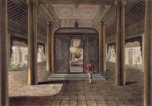 जॉर्ज हंट, 1825 (रंगीन जलीय) द्वारा उकेरा गया रंगून मंदिर में खड़ा एक सैनिक