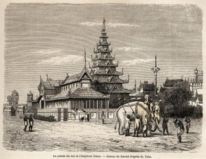 अवा के राजा का महल, अमरापौरा (वर्तमान बर्मा) में, बंगाली जिन्न के शरीर के कप्तान हेनरी यूल के 1855 में, अवा के राज्य की यात्रा को चित्रित करने के लिए नेवलेट द्वारा चित्रित। "" ले टूर डू मोंडे में उत्कीर्णन, नोव्यू जर्नल डेस वोया