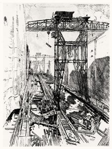 मिराफ्लोरेस लॉक में क्रेन, जोसेफ पेनेल द्वारा पनामा नहर से प्लेट XXII, 1912 (कागज पर लकड़ी का कोयला) द्वारा जोसेफ पेनेल