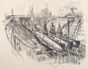 ड्राई डॉक में पनडुब्बियां, 1917। द्वारा जोसेफ पेनेल