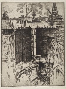 गार्ड गेट, गैटून लॉक, पनामा, 1912 (कागज पर नक़्क़ाशी) द्वारा जोसेफ पेनेल